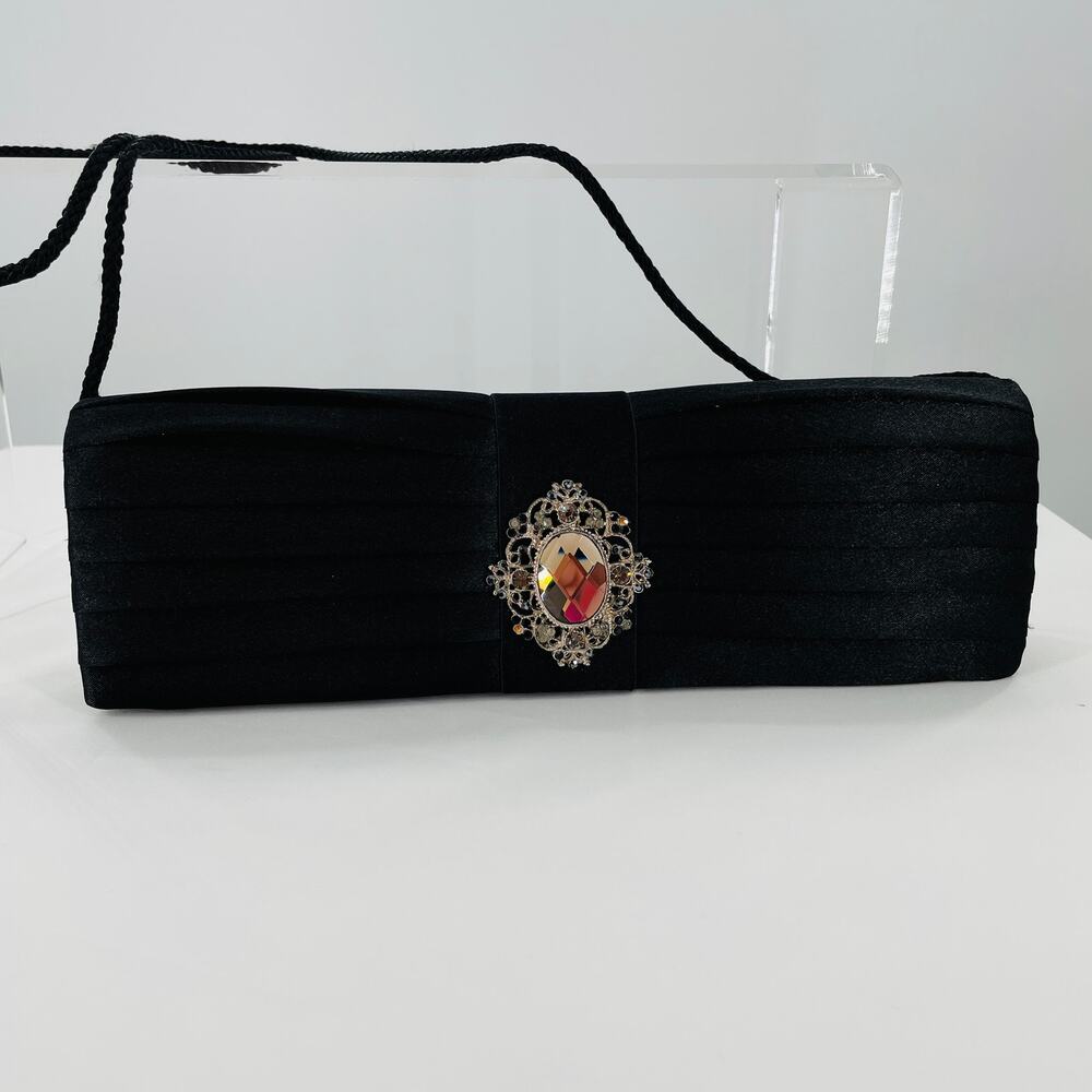 Women Clutch Black Dress Purse Rectangle Cord Strap Rhinestone Embellished - Picture 2 of 10